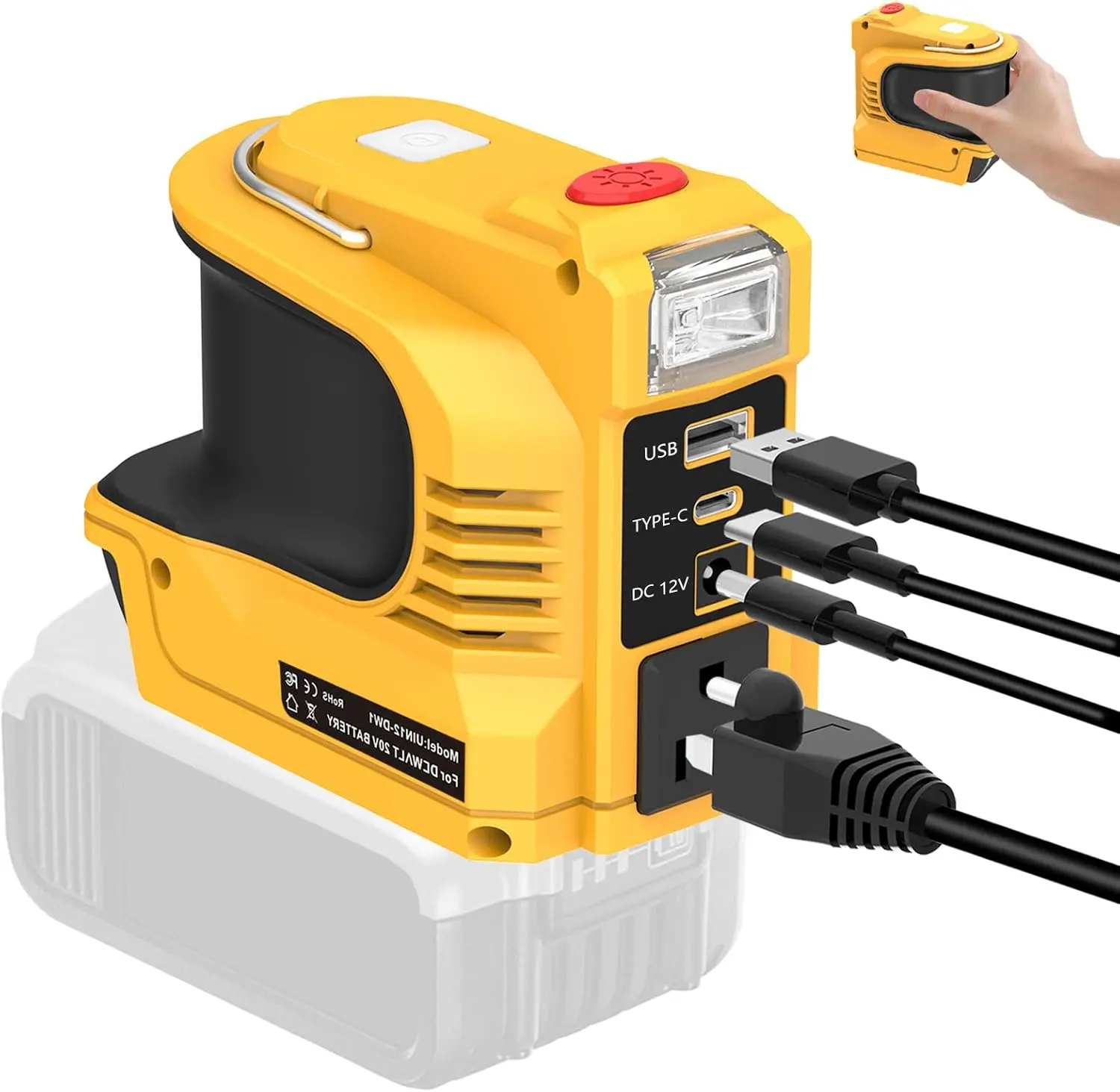 220W Max Portable Power Inverter for Dewalt 20V Batteries, Emergency Outdoor Converter for Outdoor Users, with 1 USB, 1 Type-C, DC 12V, LED, AC Battery-Powered Outlet