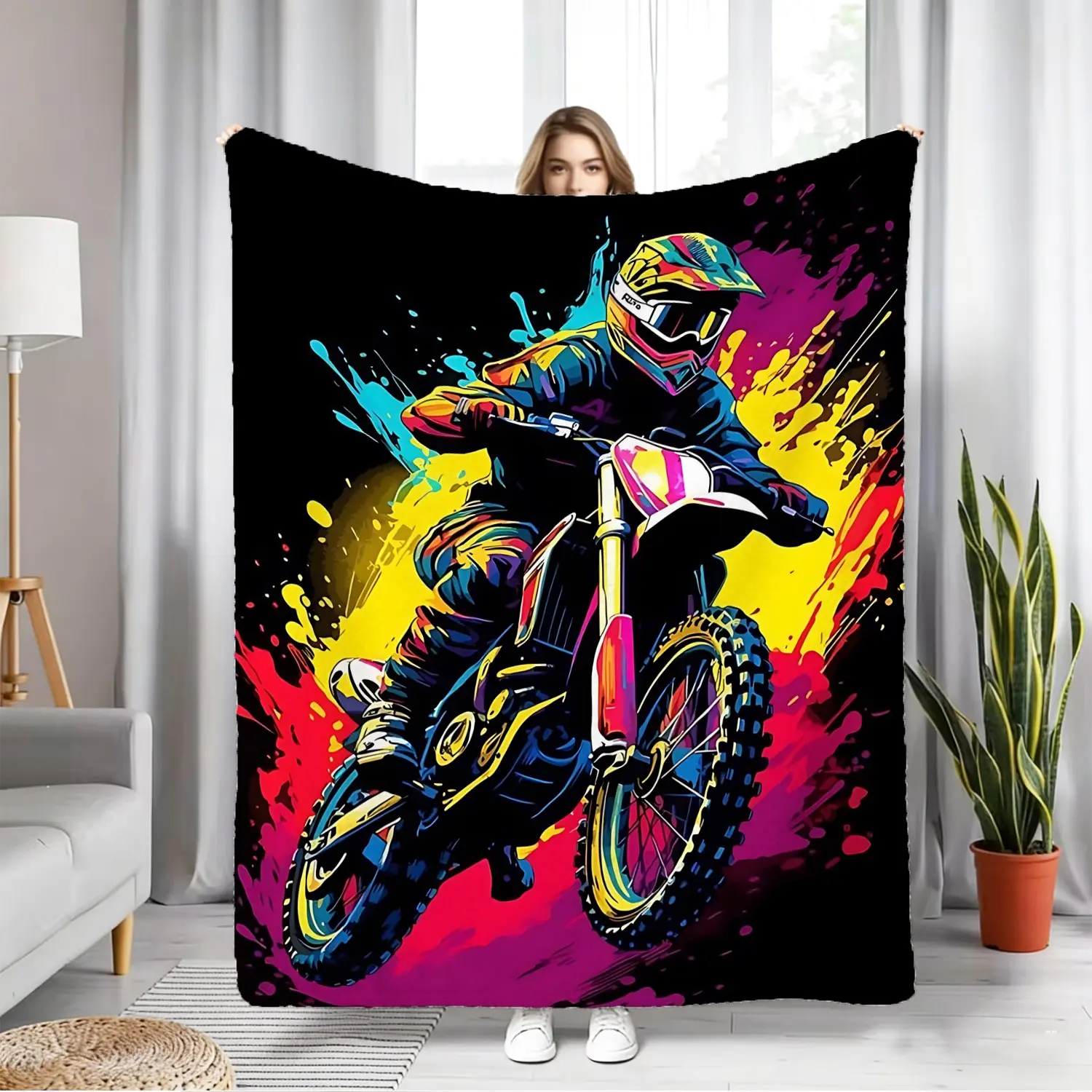 Vibrant Color Splash Dirt Bike Blanket, Breathable Throw for Backyard BBQ & Beach Camping, Compact Lightweight Blanket for Motorcycle Road Trips, Stylish Sofa Slipcover & Room Decor, Extreme Sports‑Themed Gift for Young Adults