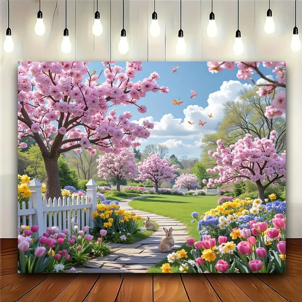 1PC Polyester Tapestry - Flat Romantic Spring Cherry Blossom Garden Backdrop, Pink Flower Sea with Bunnies & Lawn Design, 1-Piece Reusable Party Supplies for Photo Booths & Bedroom Warm Decoration