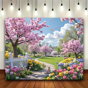 1PC,2D Flat Romantic Spring Cherry Blossom Garden Backdrop, Pink Flower Sea with Bunnies & Lawn Decorative Tapestry, Popular Live Streaming & Photo Background, Warm Decoration Hanging for Bedroom
