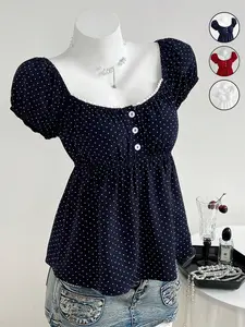 Women's Square Neck Peplum Tops，Baby Doll Tops,Polka Dot Print Short Sleeve Blouse,  Perfect for Daily Wear, Comfortable and Trendy Design, Womenswear