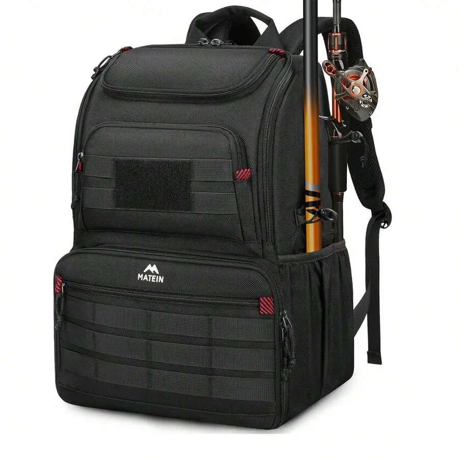 Fishing Tackle Backpack With Cooler Compartment, Travel Backpack,Water‑Resistant Fishing Tackle Box Bag With Rod Holders & 360 °   Gear Organizer, Insulated Lunch Cooler, Reinforced Dividers For Lures, Baits, Cables & Tech, Shoulder Strap Woodland Camoufl