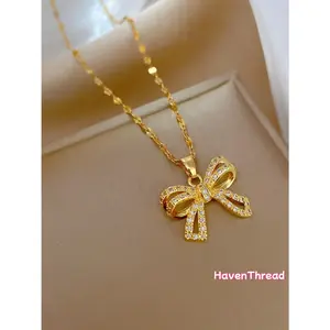 Women's Elegant Rhinestone Bow Decor Pendant Necklace, 2024 Trendy Stainless Steel Luxury Shiny Dainty Statement Accessory, Ideal Gift for Sports & Outdoor Fan Shop Gaming Enthusiasts