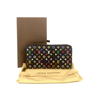 Pre-owned Leather / Coated Canvas Long Wallet Louis Vuitton x Takashi Murakami Limited Edition Black Multicolore Long Zip Wallet for collection，SH95 2008