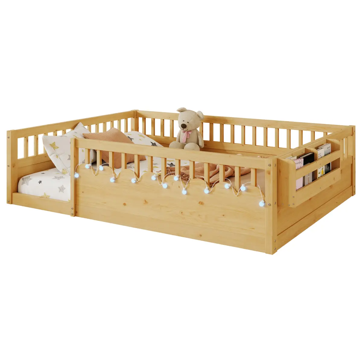 Full Size Natural Wood Montessori Floor Bed 78.5*56.6*19.7 Inch with LED Lights Storage Shelf High Guardrails Anti-Pinch Safety Design Low Profile Kids Bed Frame for Bedroom Playroom, Kids Furniture Bedroom, Toddler Bed