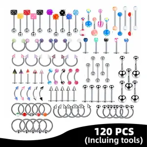 120PCS Body Piercing Set 14G/16G, 316L Implant Grade Surgical Steel Hypoallergenic Variety Pack – Nose Ring Tongue Barbell Belly Button Ring Eyebrow Barbell Cartilage Labret Jewelry for Women Men Unisex