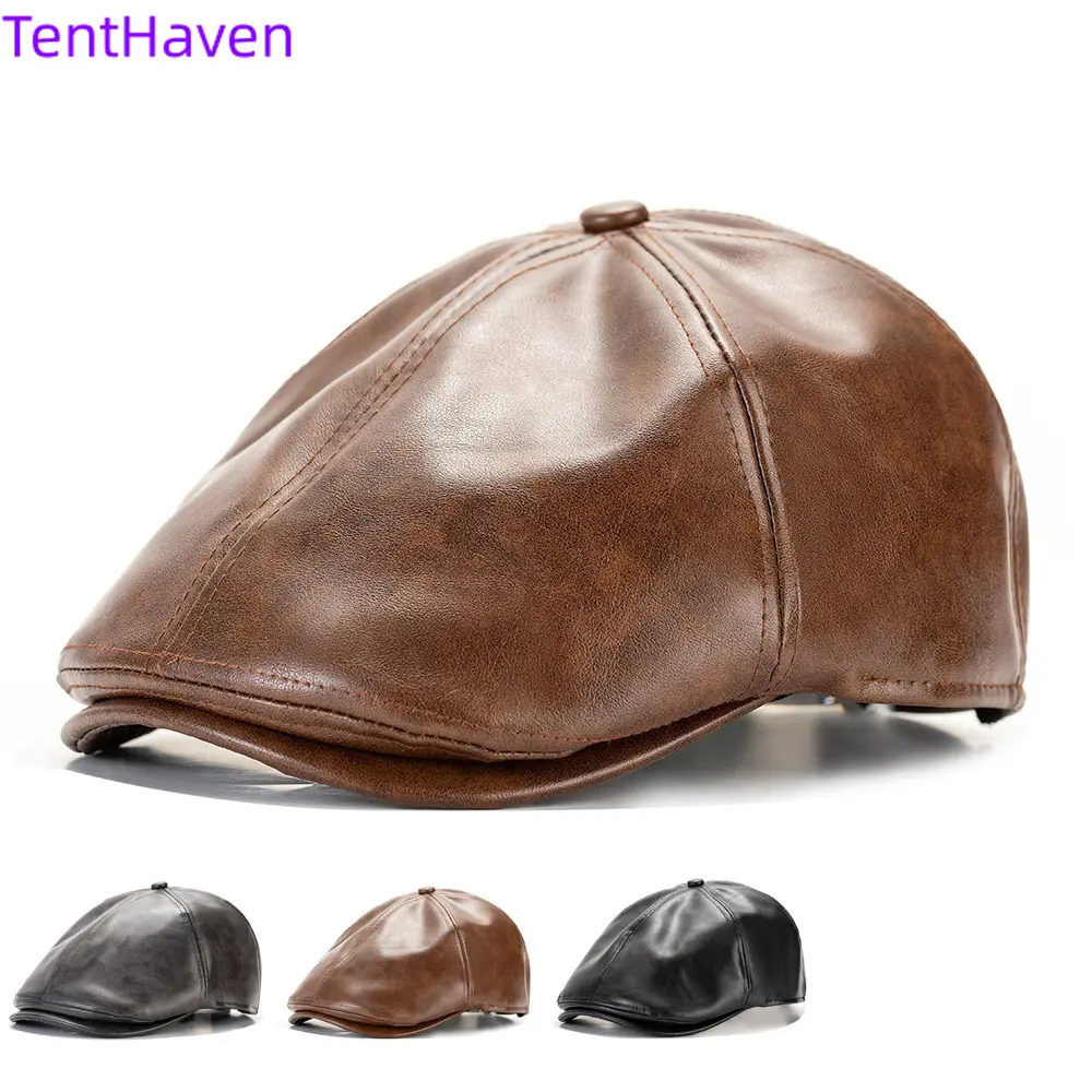 2026 Japanese retro vintage leather forward hat with adjustable big head circumference, British reverse wearing duckbill hat, artistic painter hat for women
