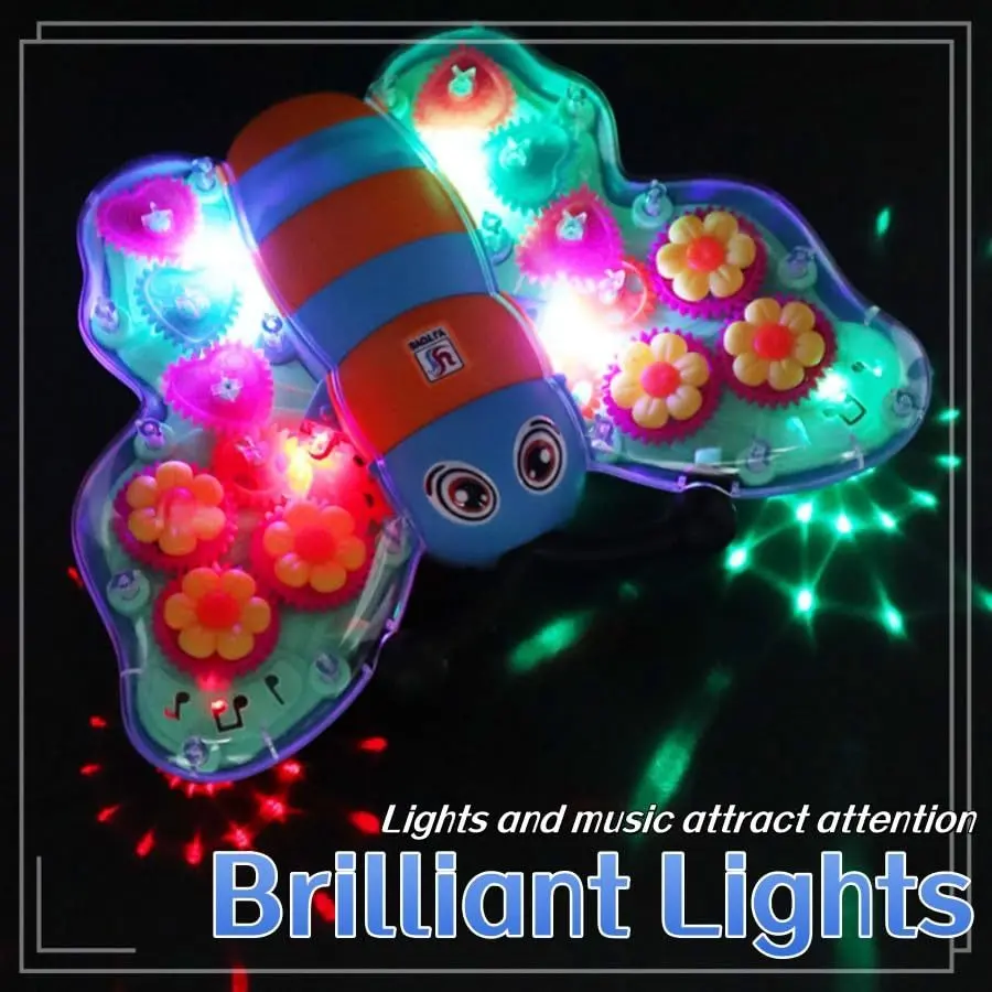 LED Light-Up Musical Crawling & Spinning Butterfly Car Toy - Unisex Interactive Sensory Early Learning Walking Toy with Transparent Gear Design, Ideal Holiday/Birthday Gift for Kids Indoor & Outdoor Play, Led Lights, Holidays