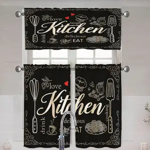 JIT 1PC/2PCS linen printed curtains, Window curtain, modern minimalist style with black background and line patterns of kitchenware and food, semi-transparent rod-pocket type,195G fabric texture,suitable for kitchens and bedrooms