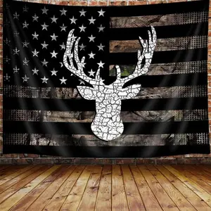 American Flag Polyester Hunting Tapestry - Made in USA, Black and White Western Country Deer Wall Art, Multi-Size Home Decor for Boys’ Room, Easy to Clean, Machine Washable, Versatile Table Use