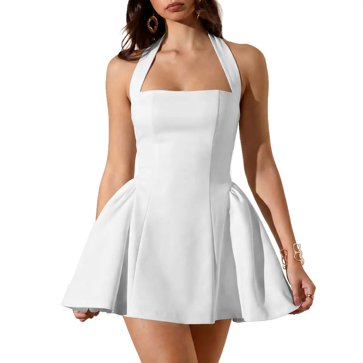 HYZ Women's Summer Classy Formal Sleeveless Halter Square Neck A-line Cocktail Party Mini Dress
