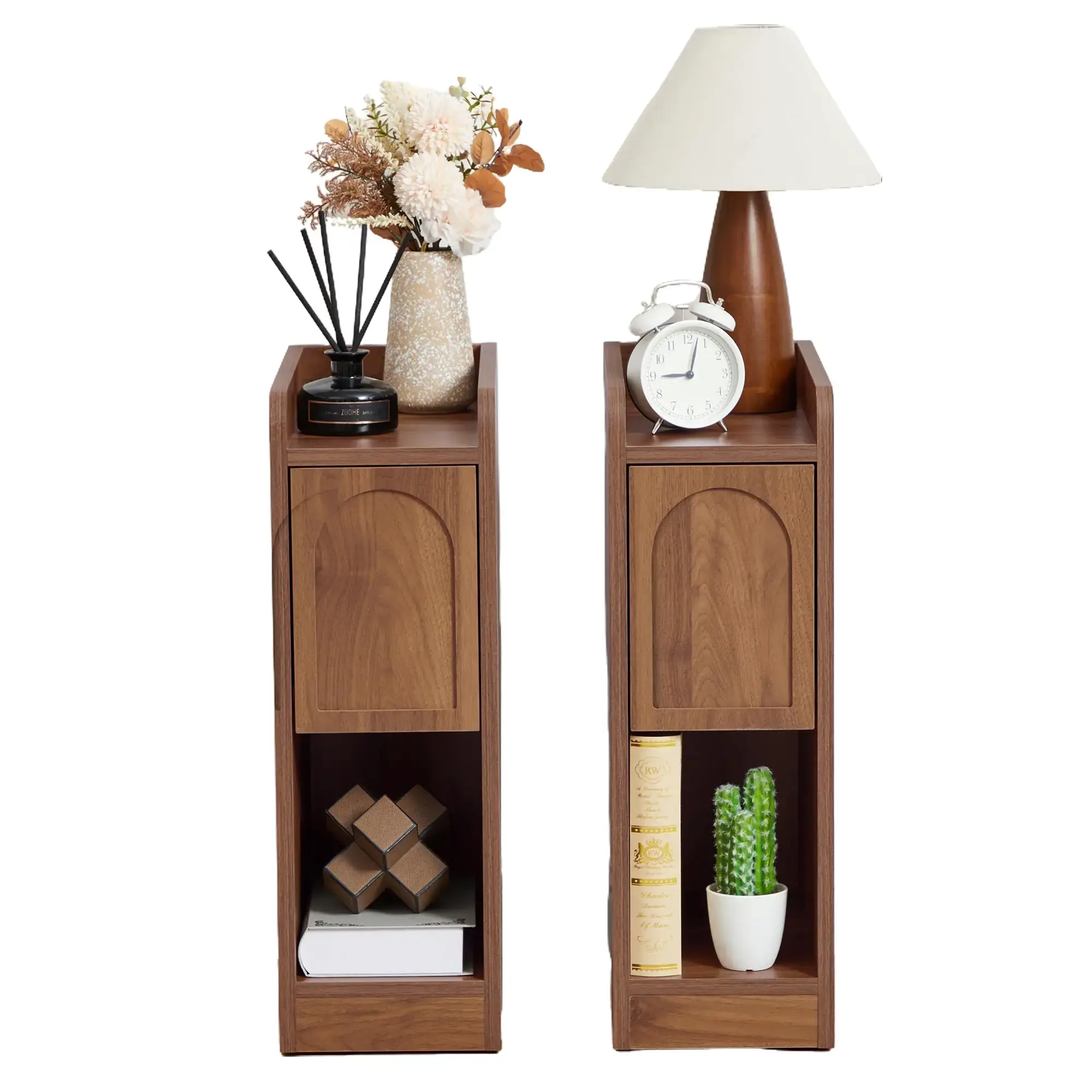 Giratree  Slim 7.87" Narrow Nightstand, Skinny Bedside Tables with Raised Edge Top, Arched Drawer & Open Shelf, Modern Wooden Small End Tables for Bedroom or Living Room