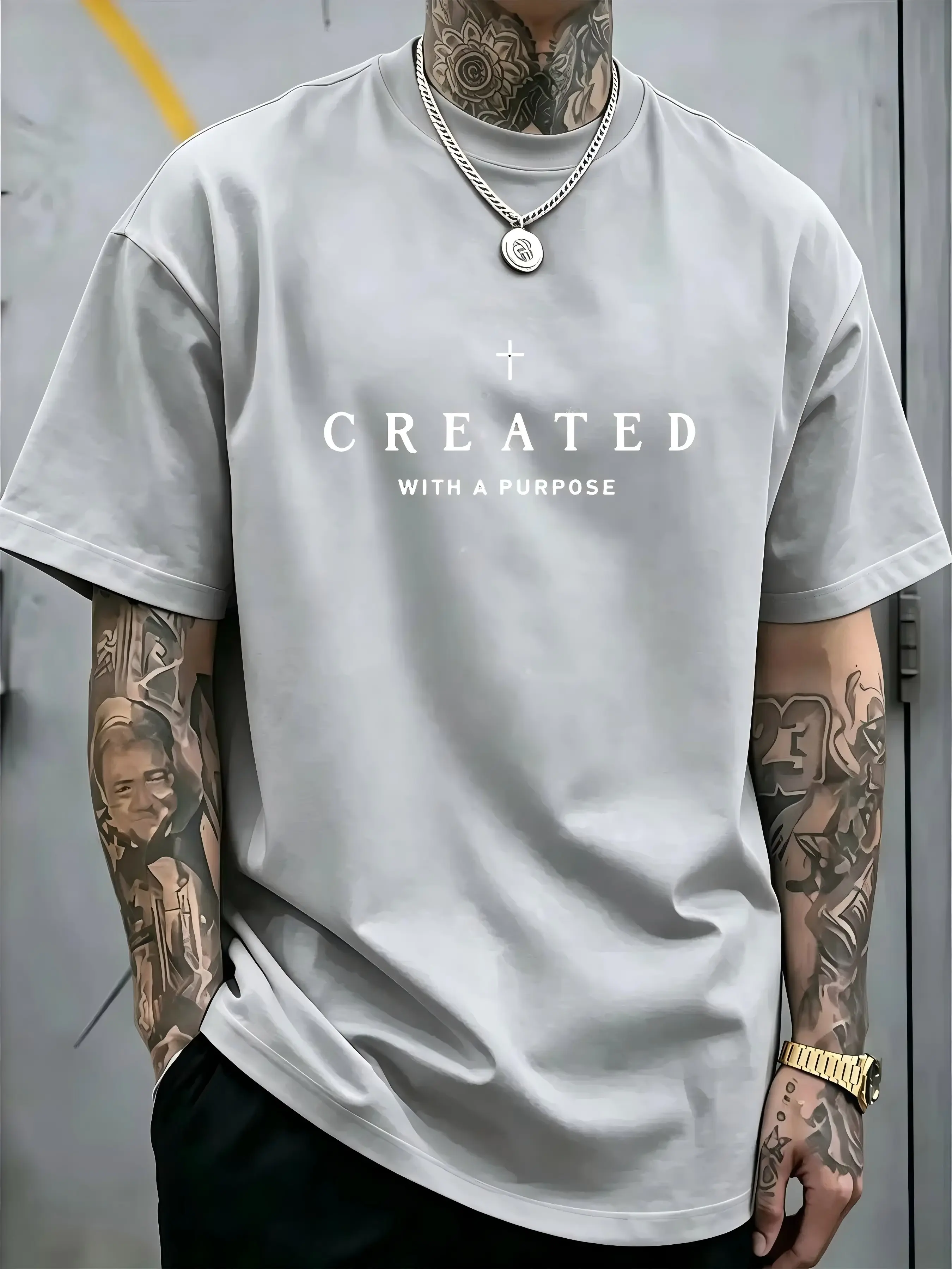 Men's 100% Cotton Crew Neck Short Sleeve Graphic T-Shirt - Loose-Fit Religious Inspirational Cross Motif "Created With A Purpose" Breathable Casual Faith Top, Daily Gift, Cloud Fabric Fashionable Must-Have
