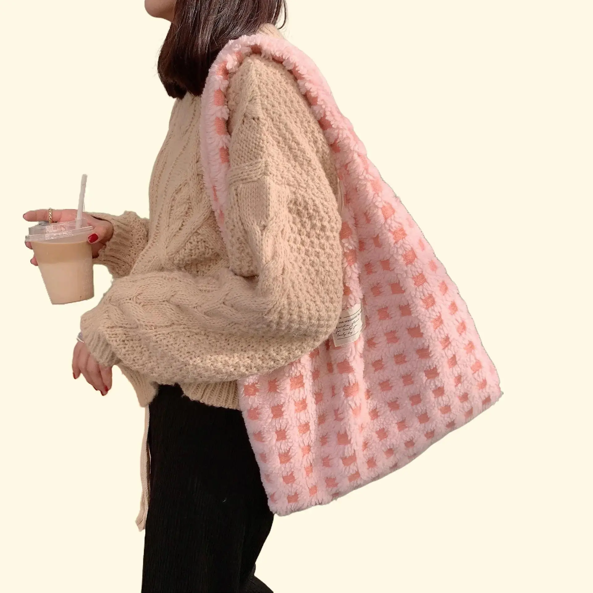 Waffle Patterned Flannel Plaid Fluffy Tote Bag, Large Capacity, Commute Minimalist Student Class Bag