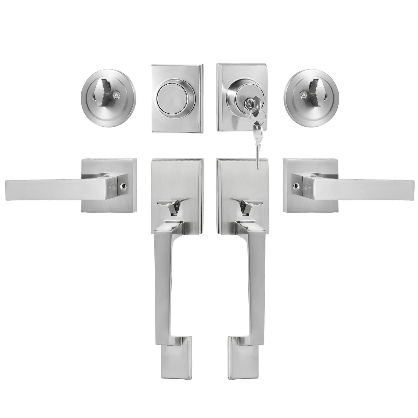 【Summerfinds】VEVOR Double Door Handle Set Double Door Lock Set with Reversible Handle LeverSatin Nickel Square Door LeverHeavy Duty Double Front Door Handle Set with Dummyfor Front Door or Office Door