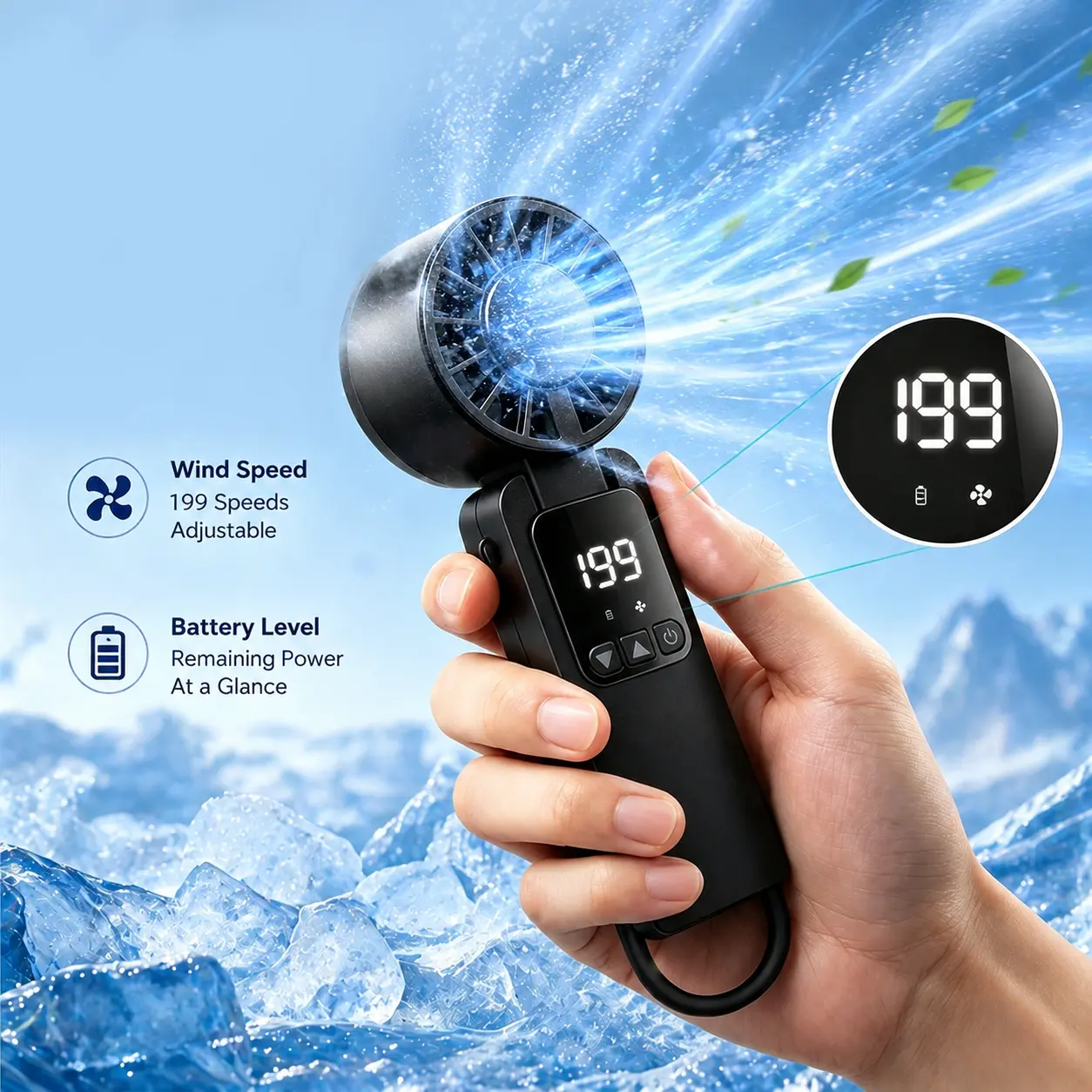 6000mAh Portable Handheld Fan –  Rechargeable Mini USB Fan with LED Display, Foldable Design, 199-Speed Powerful Personal Fan for Travel, Outdoor Activities & Beach summerwins Multifunctional Fan