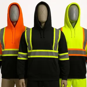 Hi-Vis Reflective Safety Pullover Hoodie with Reflective Stripes for Enhanced Visibility in Orange Black and Yellow
