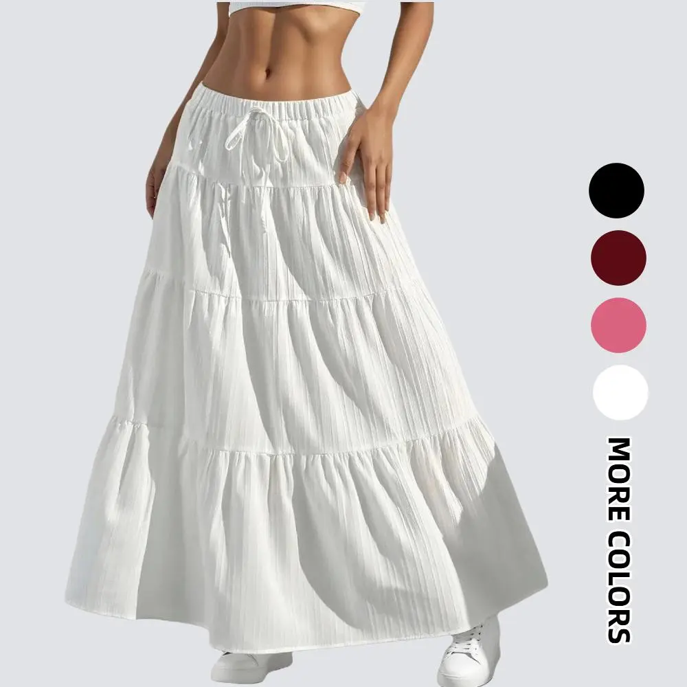 Women's Boho Maxi Skirt Summer Flowy Ruffle Long Skirts Flared Tiered A-Line Elastic High Waist Pleated Beach Skirt SwimWeek summervibes Spring Soft