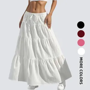 Women's Boho Maxi Skirt Summer Flowy Ruffle Long Skirts Flared Tiered A-Line Elastic High Waist Pleated Beach Skirt SwimWeek summervibes