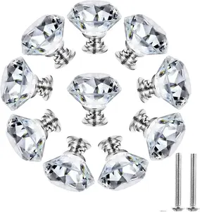 10 Pcs 30MM Crystal Clear Glass Dresser Knobs Silver Diamond Drawer Knobs Pulls Handles Kitchen Cabinet Knobs for Dresser Drawers