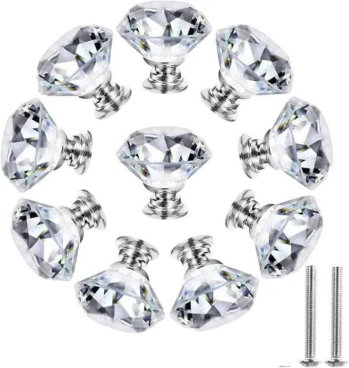 10 Pcs 30MM Crystal Clear Glass Dresser Knobs Silver Diamond Drawer Knobs Pulls Handles Kitchen Cabinet Knobs for Dresser Drawers