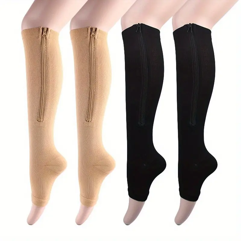 Women's Minimalist Multi-Pair Over-The-Calf Compression Socks Set, 2-Pair Breathable Knit Wear with Side Zipper, Comfortable Support for Bridal Use, Multi-Pair Over-The-Calf Socks