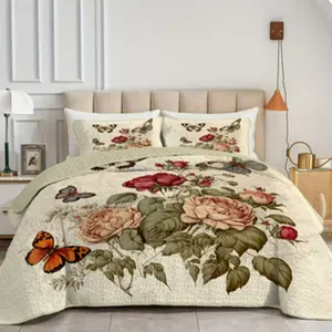 2/3-Piece Peony & Butterfly Quilted Coverlet Set - Elegant Floral-Patterned Bedding, Lightweight & Breathable