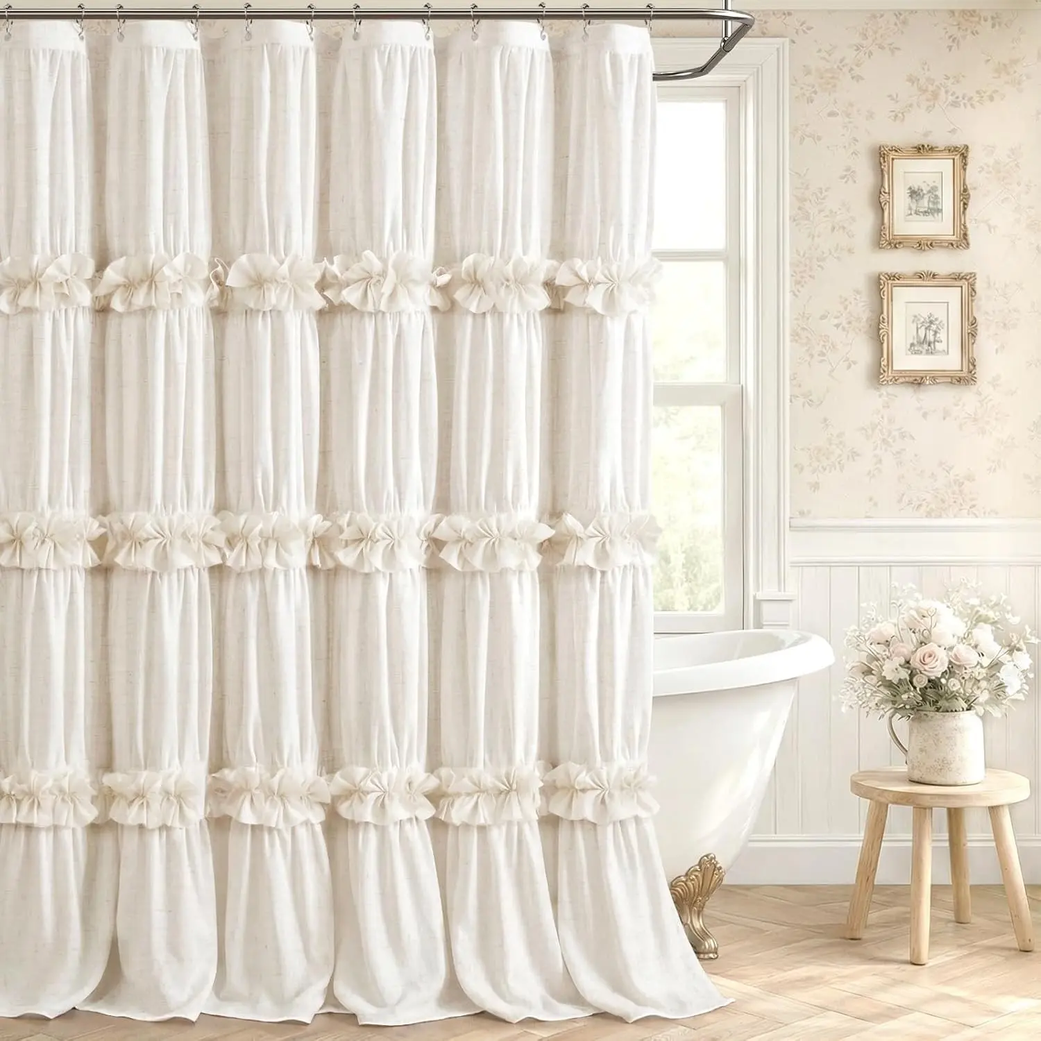 Ruffle Shower Curtain with Bow Vintage Farmhouse Linen Shower Curtain for Bathroom, Cream, 72" W x 90" H