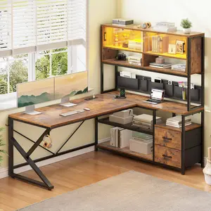 SIKAIC Modern Adjustable L-Shaped Corner Gaming & Office Desk - 2 Drawers, Built-In Bookshelf, Brown (Adjustable & Modern Corner Desk Design), Adjustable Corner Desk