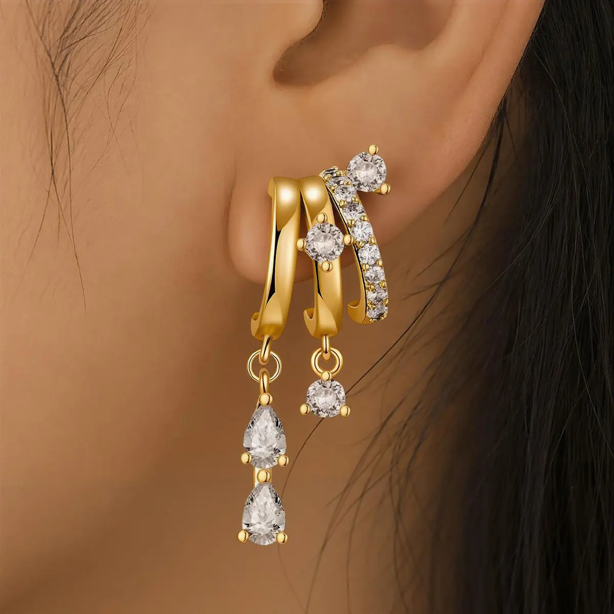 Multi Layer C Hoop Dangle Earrings for Women, 18K Gold Plated Cubic Zirconia Teardrop Drop Climber Earrings, Hypoallergenic Sparkling Stack Piercing Jewelry