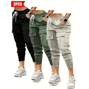 3-Pack Women's Casual Cargo Pants - Solid Color, Polyester, Non-Stretch, Style with Pockets Adults Womenswear Bottom