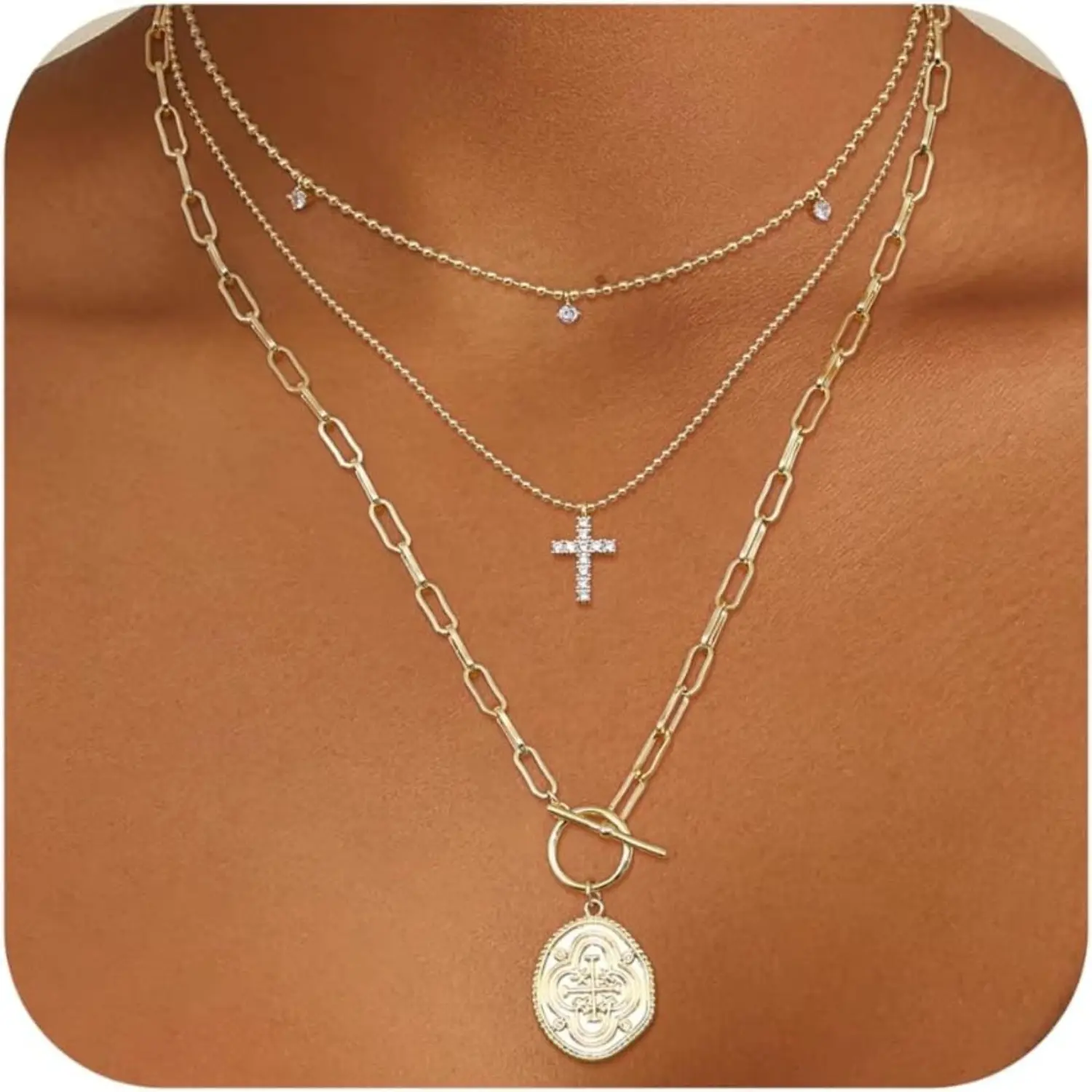 Milacolato Necklaces for Women, 3 Piece Gold Plated Layered Set, Chunky Jewelry with Paperclip Chain, Cross, Heart & Pearl Pendants, Non-Tarnish, Gold Plated Necklaces, Charm Set Necklaces