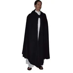 Moroccan Men Poncho Hooded Cape Wool Cardigan Open Front Elegant Wrap Black