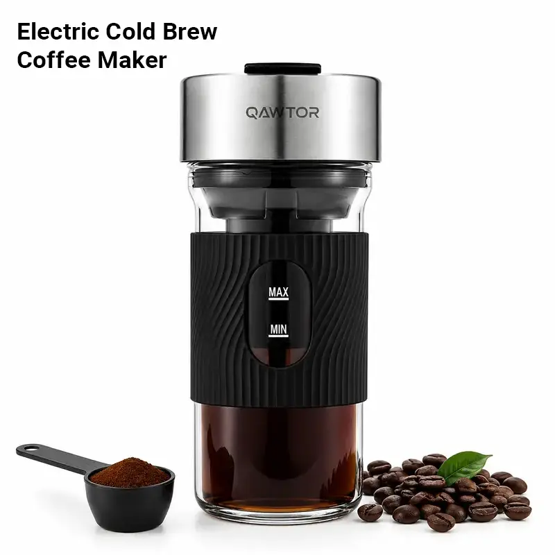 Qawtor Portable Electric Cold Brew Coffee Maker with Pump System - 15-Min Fast Brewing, Smooth Low-Acid Iced Coffee, Compact Cup Design for Home & Office, Easy-Brew Machine for Summer Drinks