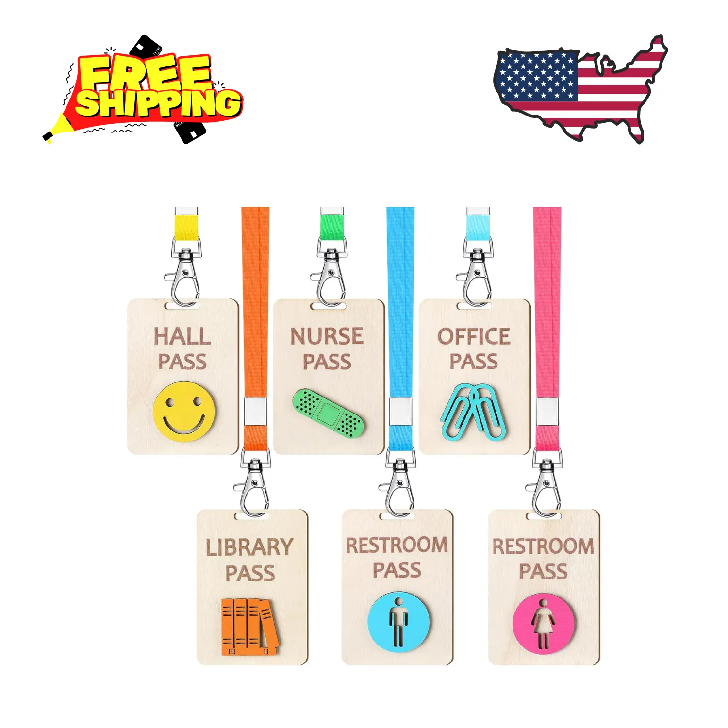 6 Sets Hall Pass Lanyards and School Passes Set Unbreakable Wooden Bathroom Passes Classic, Beige)