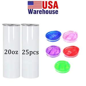 25pcs 20oz Sublimation Tumblers with Plastic Straws Color Lids, Double Wall Straight Skinny Tumbler Stainless Steel Insulated Sublimation Tumblers Polymer Coating, for Heat Press Machine & Oven DIY Printing, Festive Gift