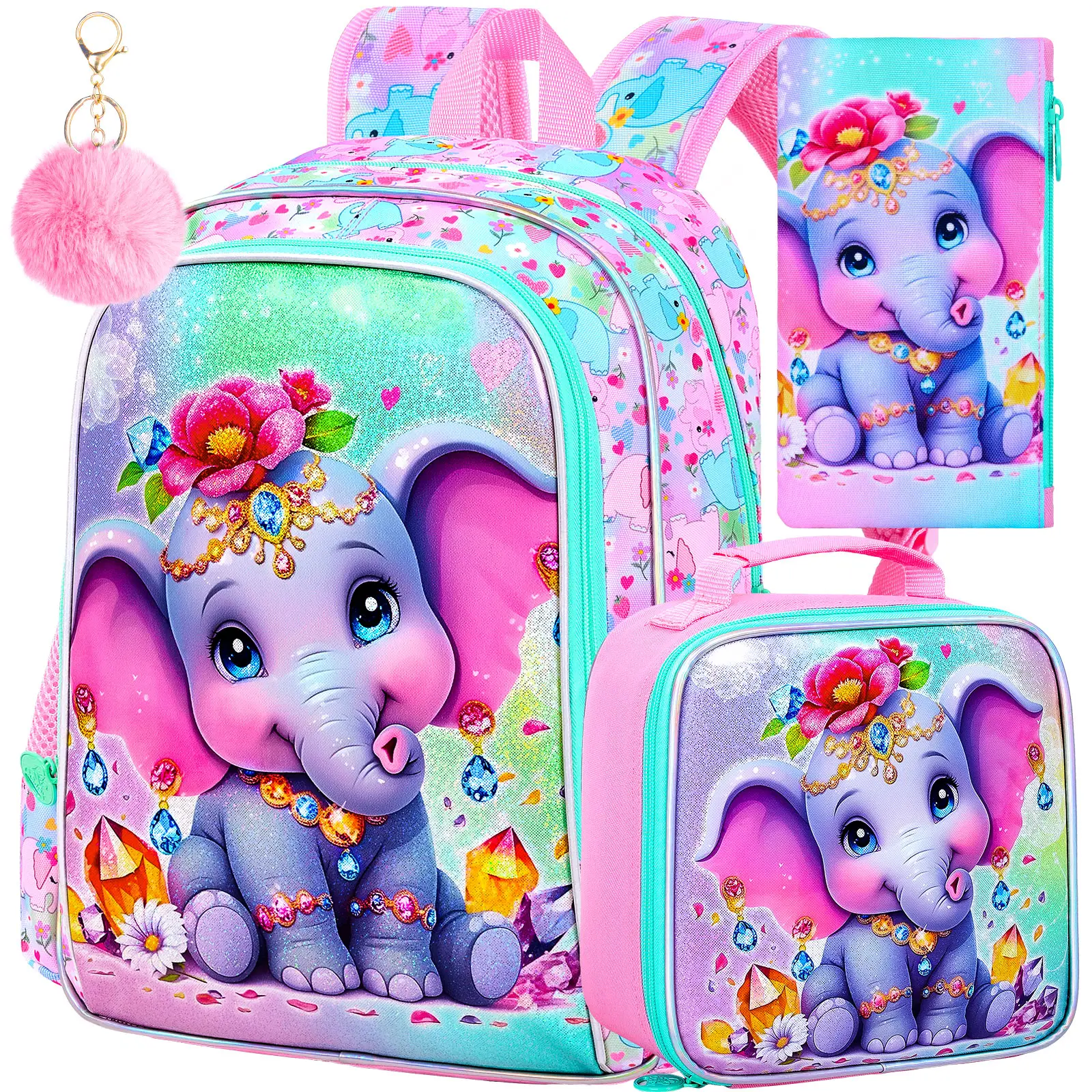 16" Backpack for Girls, 3Pcs Elephant Kids School Backpacks with Lunch Box, Bookbag for Elementary Preschool Kindergarten(Pink)