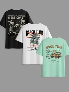 Men's Classic Versatile Knit Letter Print Coconut Tree Tropical T-Shirt Set, Summer Round Neck Short Sleeve Casual Comfortable Breathable Fitted Tops for Outdoor Wear