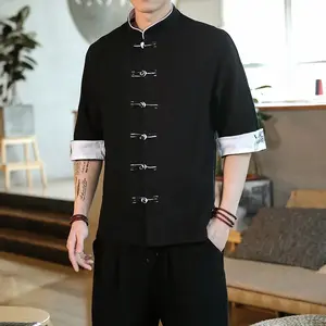 Embroidery Top Traditional Chinese Clothing for Men Vintage Half Sleeve Linen Shirts Solid Madarin Collar Hanfu Kungfu
