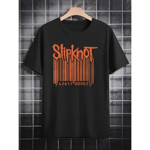 Men's Slipknot Graphic T-Shirt - Black Casual Crew Neck Tee with Bold Orange 3D Print, Summer Short Sleeve Shirt for Fans & Gifts, Band Merchandise |   Band Logo Apparel |   Stretchy Fabric Shirt, Tee Shirts