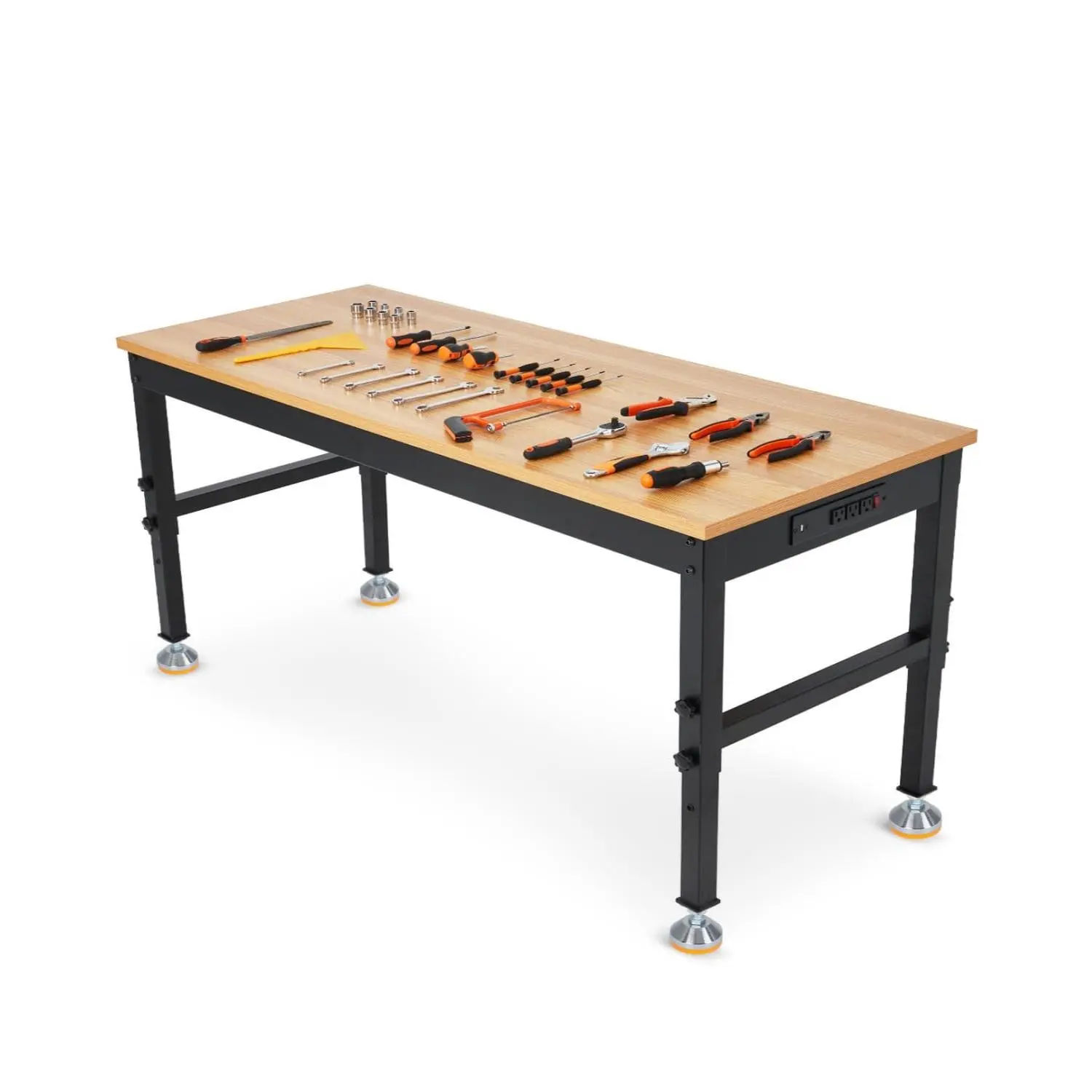 72 in Work Bench, Adjustable Height Workbench, Heavy Duty Rubberwood Tabletop with Built-in Power Outlets, 2500 LB Wood Top Work Table for Garage, Workshop, Repair Shop, Home, Office