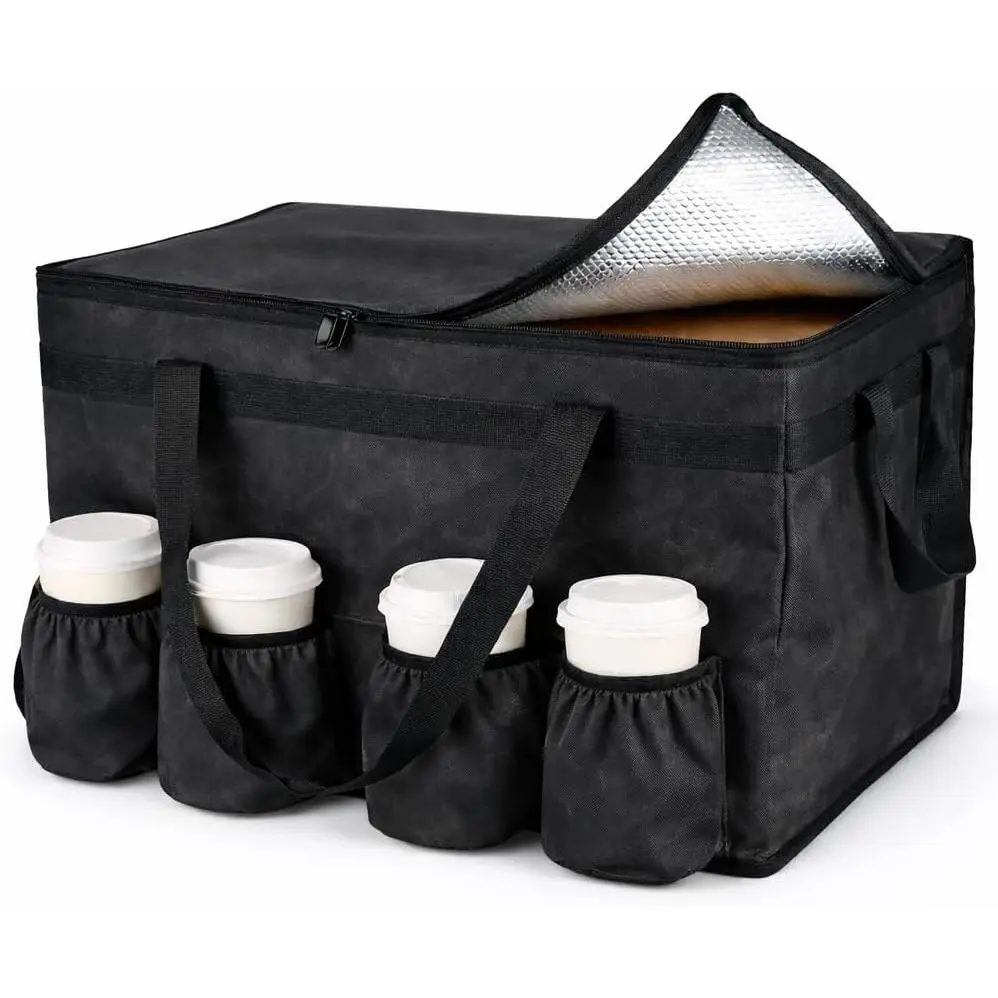 Insulated  Delivery Bag with 4 Cup Holders, XXL Commercial Grade Thermal Pizza Carrier Bag, Keeps  Hot or Cold, Heavy Duty  Bag with Drink Carrier, Catering and Grocery Delivery Bag