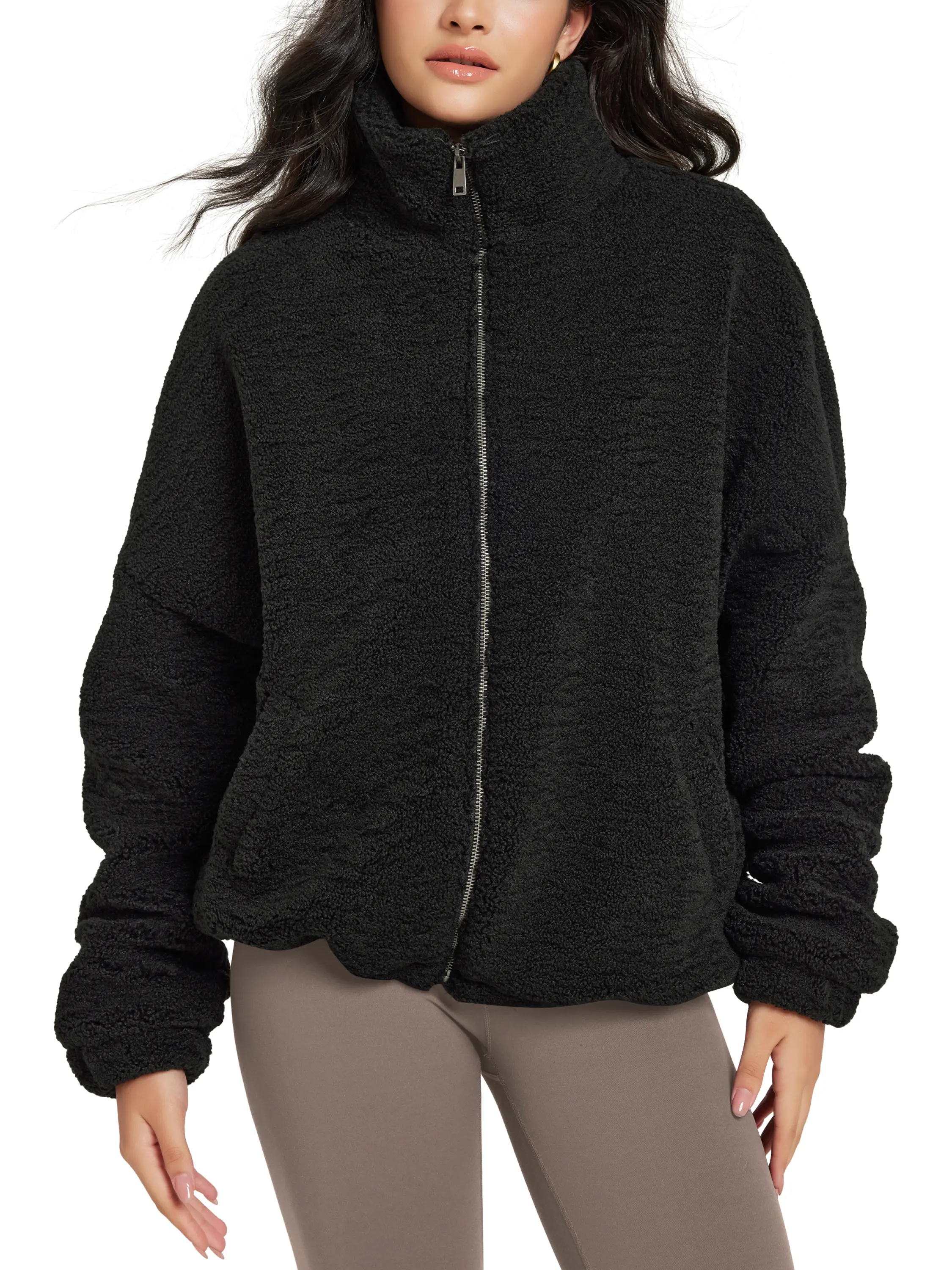 ODODOS Women's Sherpa Fleece Full-Zip Jacket Long Sleeve Coat Soft Warm Cinchable Outerwear with Pockets
