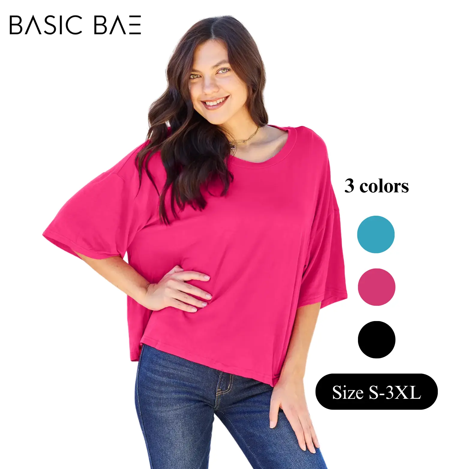 Basic Bae Full Size Round Neck Drop Shoulder T-Shirt Sleeve Top Womenswear Spandex Stretchy Style Underwear Women Lady Streetwear