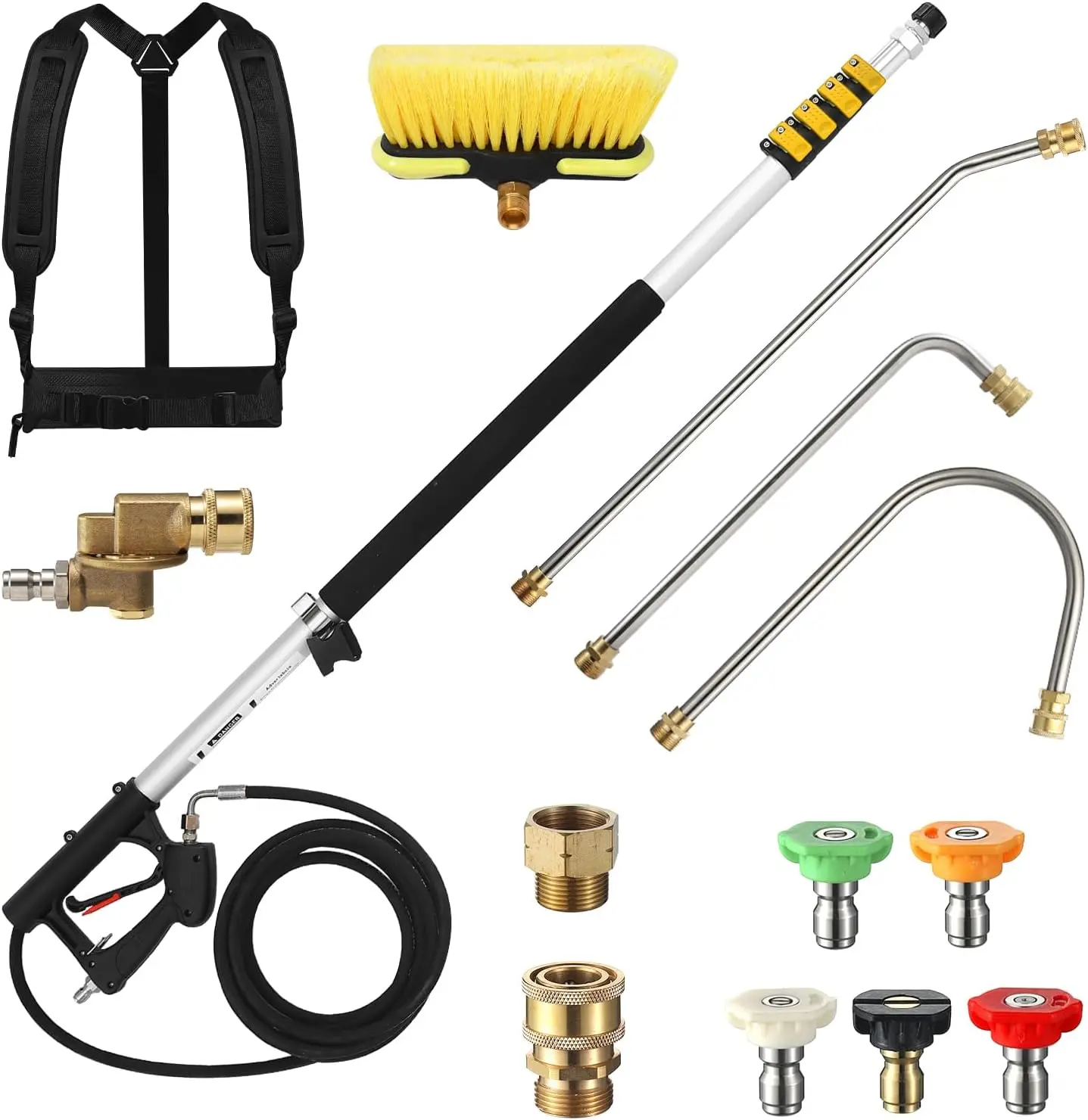 24 FT Telescoping  Washer Wand with  Washer Extension Wand, Brush , Gutter Cleaner, 5 Spray Nozzle Tips, 2 Hose Adapters and Support Belt