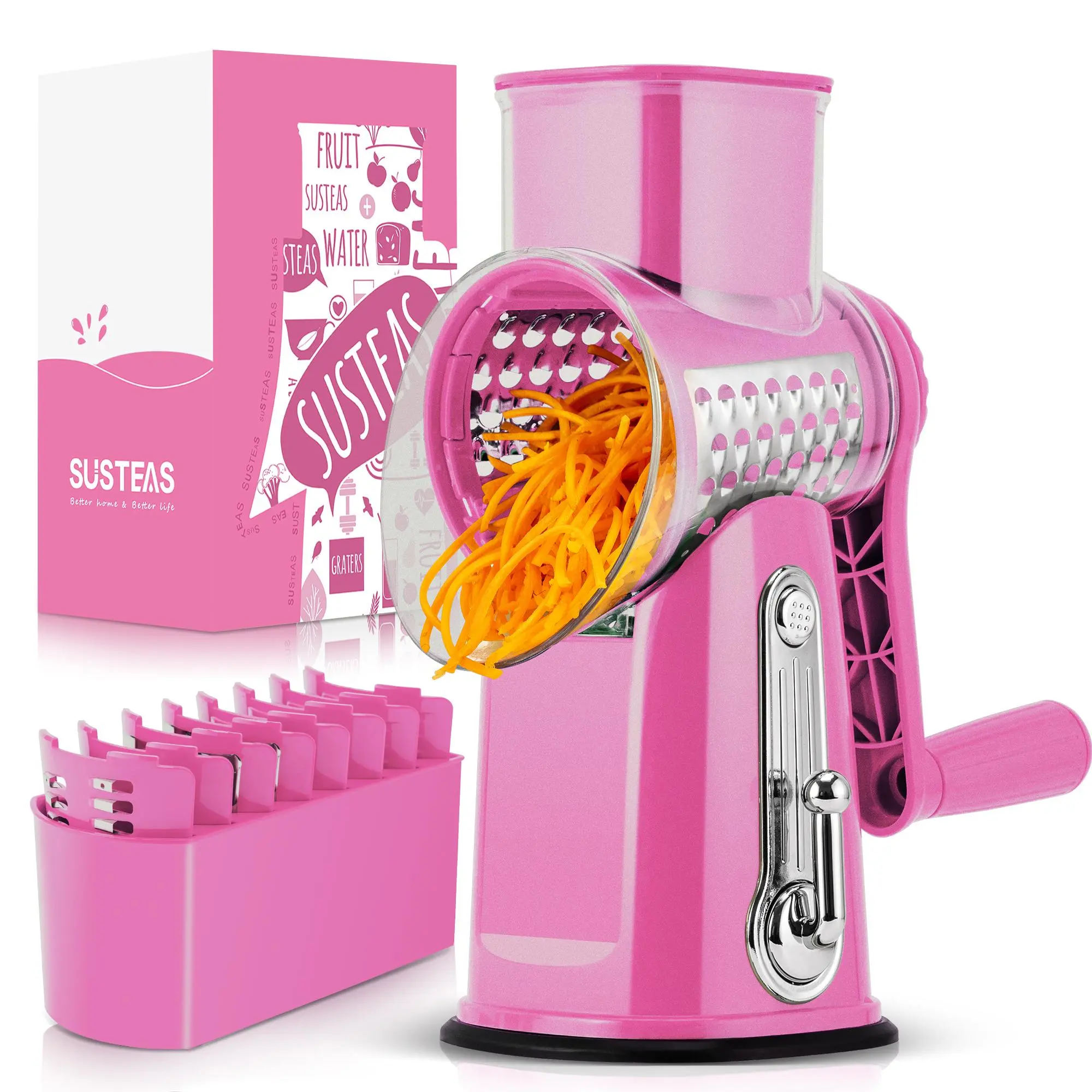 SUSTEAS Hand Crank Rotary Cheese Shredder - 18/10 Stainless Steel Compact Kitchen Utensil, 5 Blades, Strong Suction Base, BPA-Free, Vegetable Slicer, Vegetable Cutter, Potato Spiral Grater for Easy Cheese Shredding, Veg, Potatoes, and More, Veggie Chopper