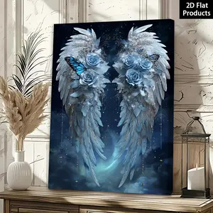 2D Blue Butterfly Angel Wings Decorative Painting - Framed Canvas Oil Painting, Detailed Angel Wing Design, Suitable for Living Room and Bathroom Decoration, Valentine's Day Gift - Winter and Spring Home Decor, In Stock at Local Warehouse, 2D Flat Style