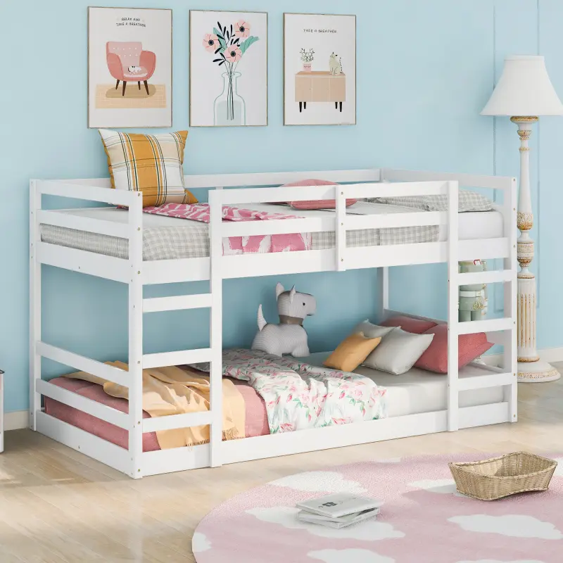 Twin Over Twin Low Bunk Bed with Ladder, Solid Wood Bunk Bed Frame with Sturdy Slats