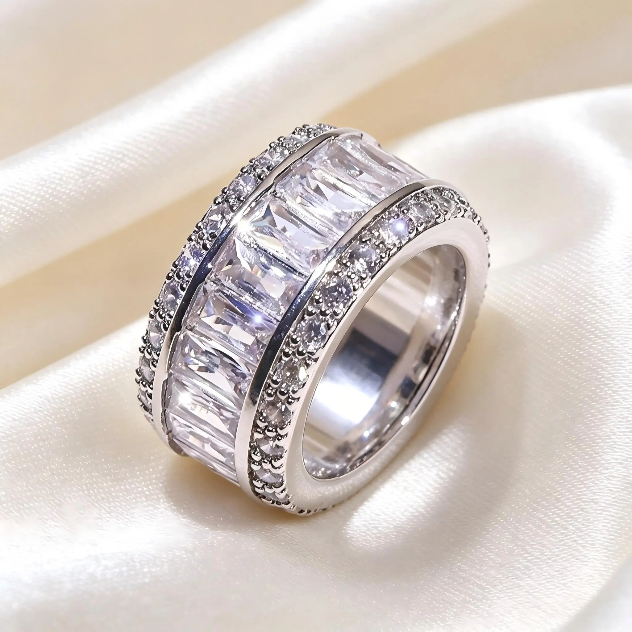 Elegant Baguette Cut  Copper Full Eternity Band - Promise Ring for Girlfriend, Double Row Pave Stackable Wedding & Daily Wear Jewelry, Copper Band Rings,  Rings