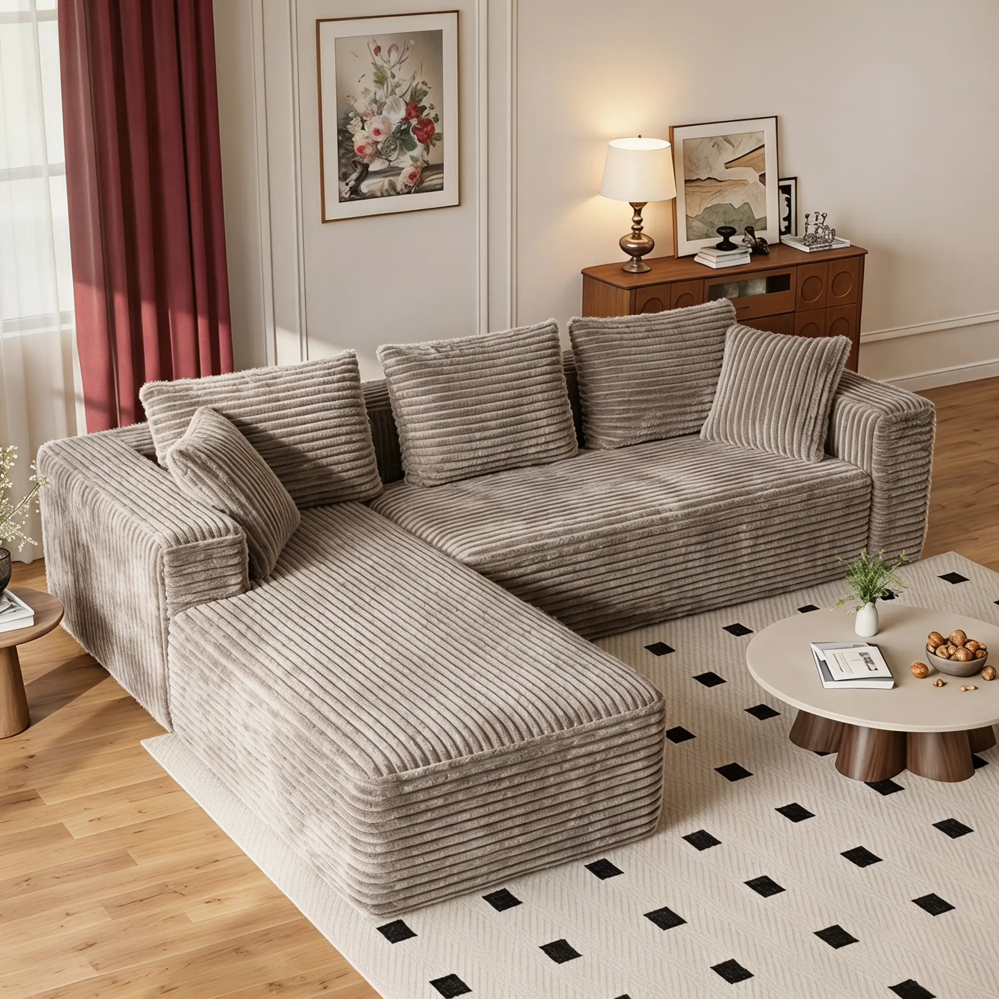 ModernHub 106" L-Shaped Modular Indoor Sofa - Plush Corduroy Cloud Couch, Boneless Design with Fixed Arms, Deep Seat Comfy Set for Living Room, Camel, Boneless Couches, Couches For Living Room